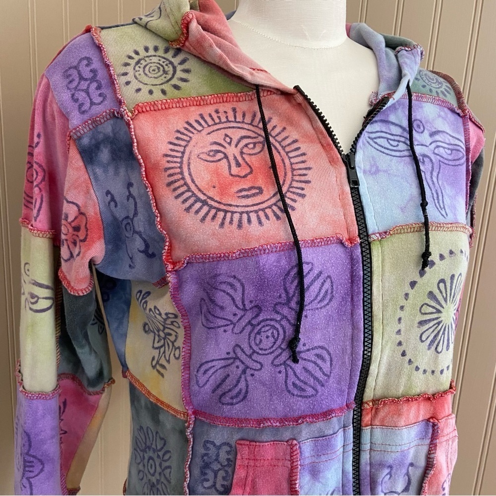 Tie Dye Patchwork Colourful 100% Cotton Zip Up Hoodie Women’s Size Small - Picture 5 of 5